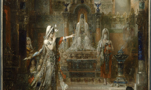 an oil painting of three women inside a church