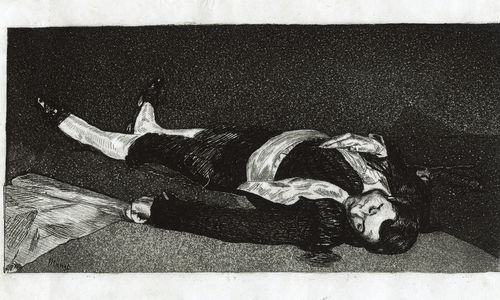 A drawing of a man lying on the ground