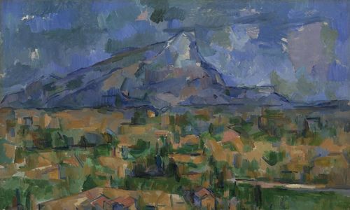 Impressionistic painting of a village at the foot of a large mountain