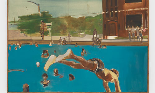 Painting of a pool, with a figure in the foreground diving in