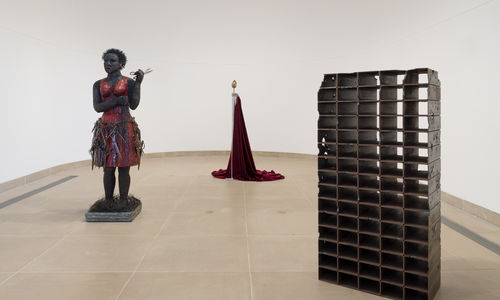 installation images showing three free-standing sculptural works in vault gallery