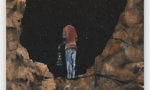 Painting of a Black man holding a lantern viewed from behind, in front of a starry sky