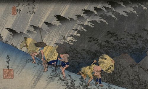 Woodblock print of a line of people holding umbrellas in a rainstorm