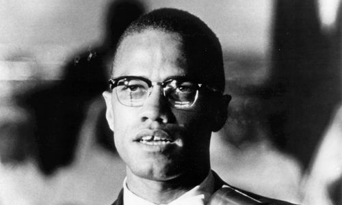 Black and white image of Malcolm X