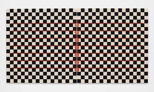 Black and white checkered image featuring red lines running through the pattern.