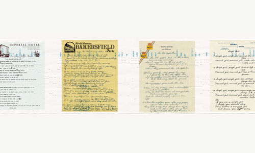 Four handwritten sheets of paper displayed on the wall in a row.