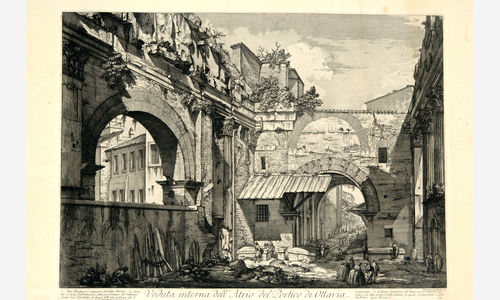 An old sketches depicting a street scene with a historic building in the background