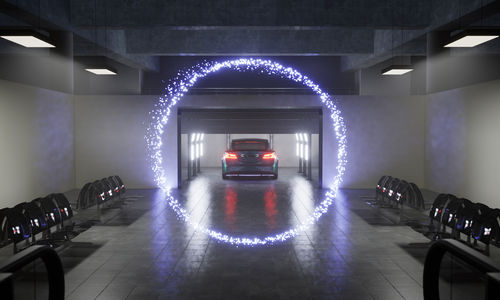 Animated still of a futuristic car driving through a ring of purple light