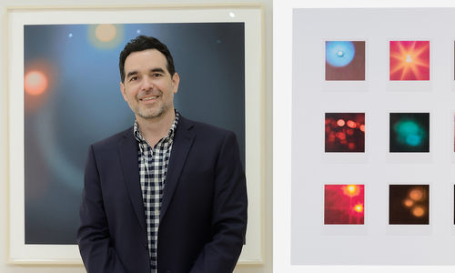 Headshot of Dario Robleto alongside an artwork