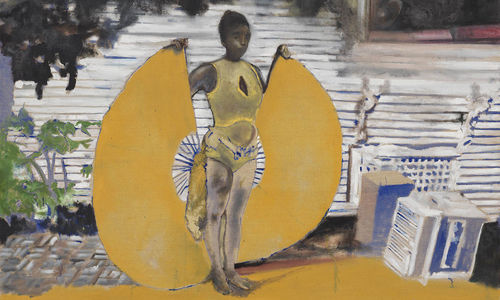 Painting of a woman in a yellow dress with two large wings fanning out