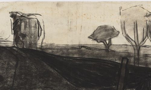 Black and white drawing of a landscape with sparse trees