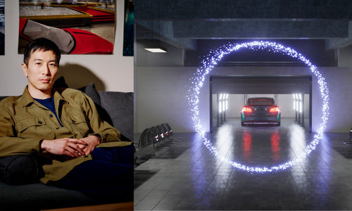 Headshot of Lawrence Lek alongside an animation still of a car