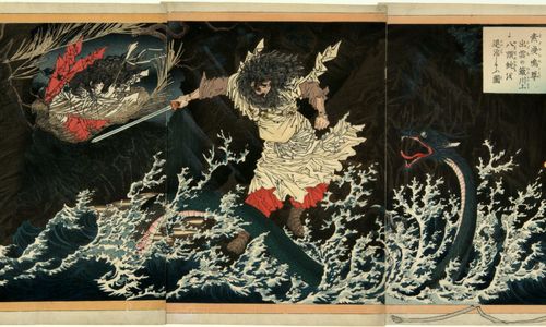 A warrior with a swords fights a large sea serpent amidst rocky ocean waves