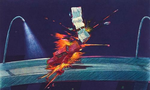 Two cars in a fiery collision on a bridge lit by streetlamps