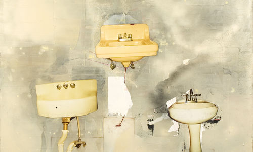 Three dingy sinks arranged in a triangle on a gray wall