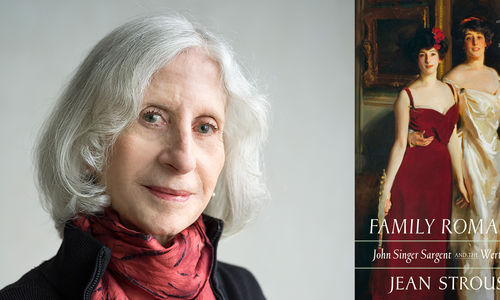 Headshot of Jean Strouse alongside her book cover "Family Romance: John Singer Sargent and the Wertheimers"