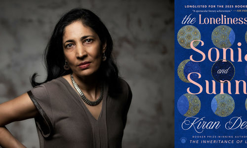 Headshot of Kiran Desai alongside her novel The Loneliness of Sonia and Sunny