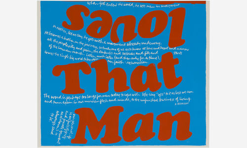 Colorful screenprint with "loves That Man" in bright red on a blue background