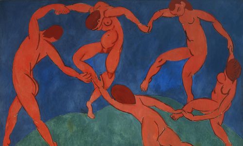 painting of 5 red figures dancing
