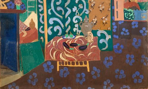 Expressionist still life with eggplants on a table in an ornate room