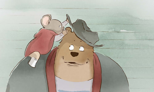 A cartoon mouse in a red cape sits on the shoulder of a bear, lifting the bear's hat to whisper in its ear