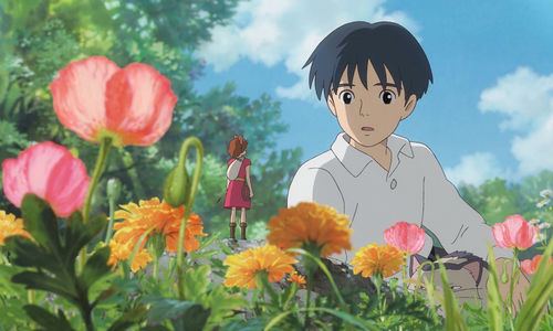 A cartoon boy looks at a tiny girl standing on a flower