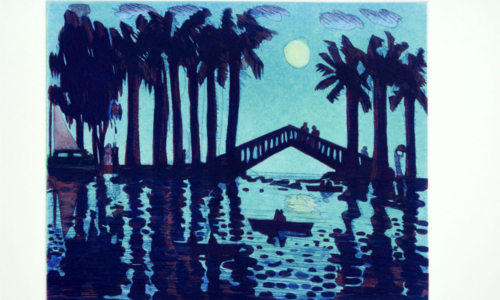 silhouette of palm trees and bridge against a dark blue sky, water, and moon