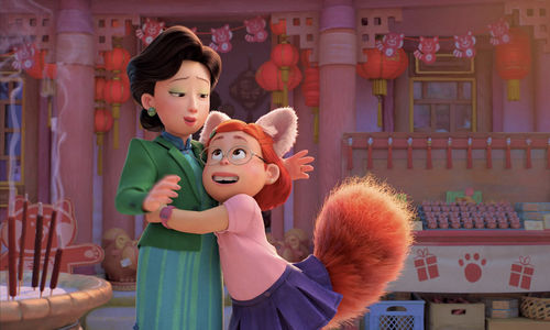 A girl with furrey ears and a large tail sticking out of her skirt hugs an older woman