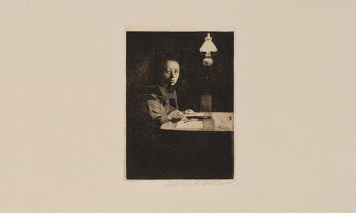 Simple self-portrait of a woman sitting at a desk under a lamp