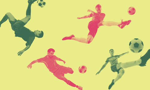 Graphic with four soccer players on a yellow background