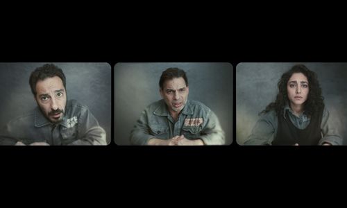 Three people in military garb, seen in three separate frames