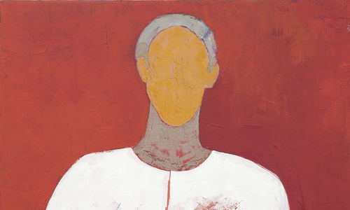 Faceless figure in a paint-streaked white smock