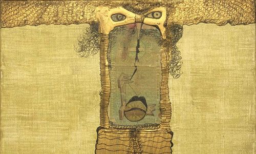 Portrait with exaggerated features, eyes ringed in gold