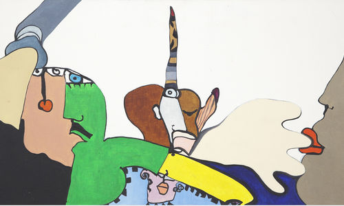 Playful, colorful painting featuring parts of several faces