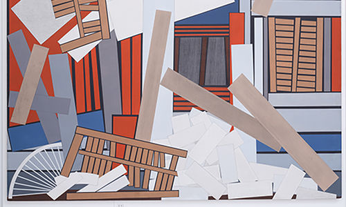 Geometric painting of a building facade with windows and shutters in disrepair