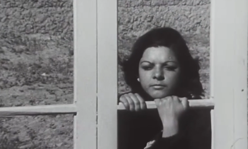 A woman looks through a window