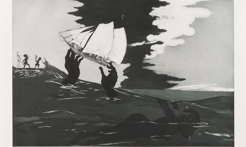 Black and white drawing of a ship being held above the ocean waves by a huge pair of hands