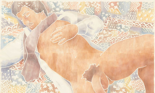 Soft depiction of a man with light skin, brown hair, and a mustache in repose, his white shirt open and his penis visible. Behind or beneath him, a patchwork of different designs