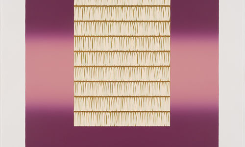 Square print in purple and pink-toned horizontal stripes, interrupted by a rectangle in drab green with white vertical marks 