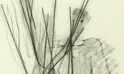 Chalk drawing of a shadowy figure behind a composition of vertical lines