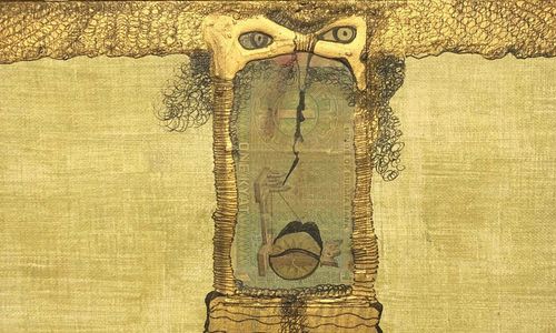 Painting featuring abstract face on a yellow background