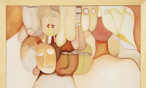 Painting featuring many abstract faces in a beige color scheme
