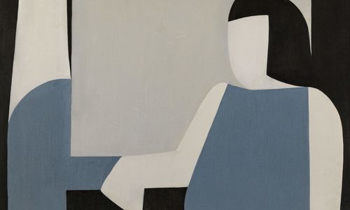 An abstract painting depicts a figure composed of flat, geometric shapes in black, white, light gray, and muted blue.