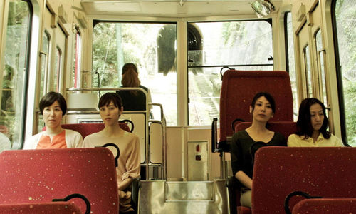 Four women sit in two pairs on the benches of a funicular