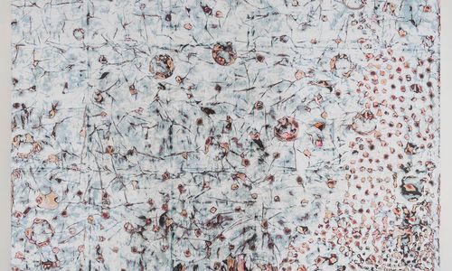Mark Bradford, I Don't Have the Power to Force the Bathhouses to Post Anything, 2015. Mixed media on canvas, 132 x 120 in. (framed; 335.3 x 304.8 cm), Hammer Museum, Los Angeles. Purchased with partial funds provided by Linda and Bob Gersh and Angella and David Nazarian.