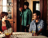 Still from the film Passion Fish (1992) showing a three people talking in a kitchen