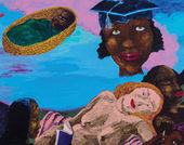 In a colorful painting, a baby in a cradle and a head in a graduation cap float above two reclining figures