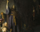 A painting of a figure in a blue cloak, his arm raised above a scene