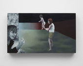 A painting of a woman in black-and-white crying to the left while a woman on the right holds a floating baby