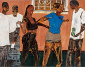 A colorful painting of five figures before a building